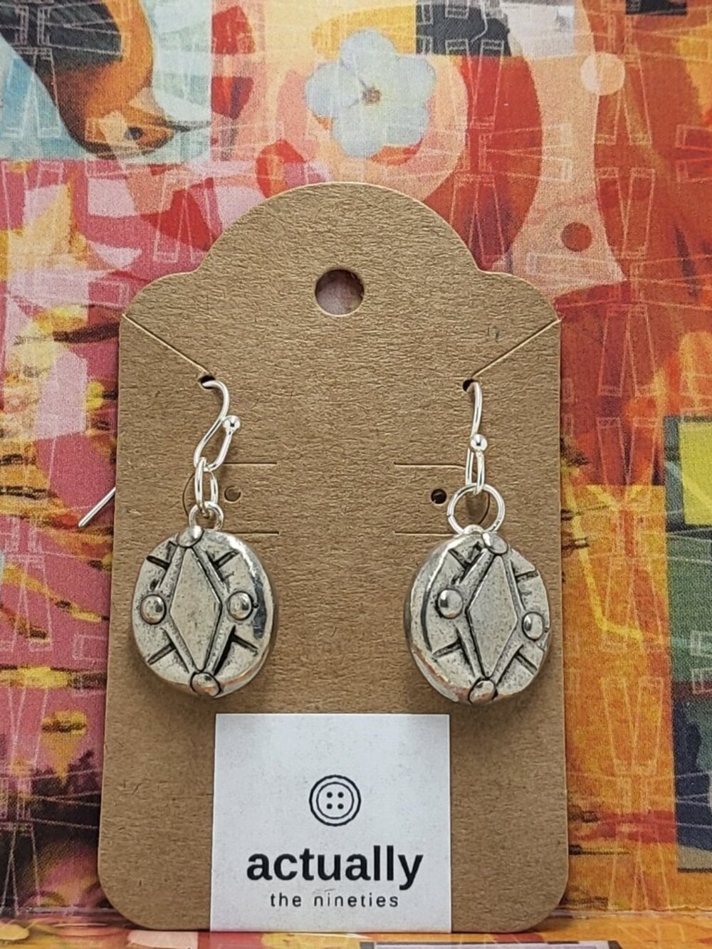 Earrings with vintage Todd Oldham Buttons 90s silver tone